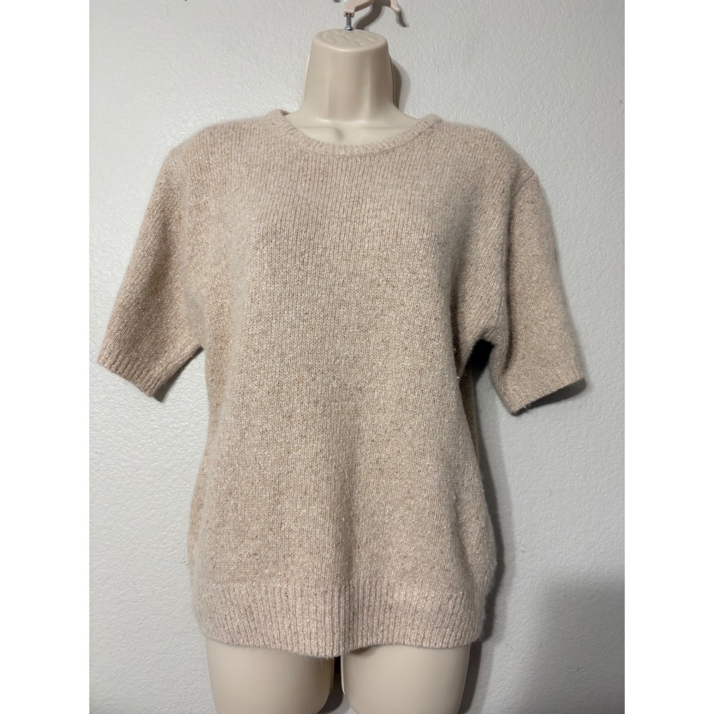 Worthington Beige Silk Angora Lambswool Short Sleeve Knit Sweater Medium